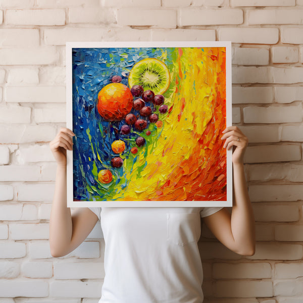 A person is holding up a colorful painting of fruits, including an orange, kiwi, and grapes, against a white brick wall.