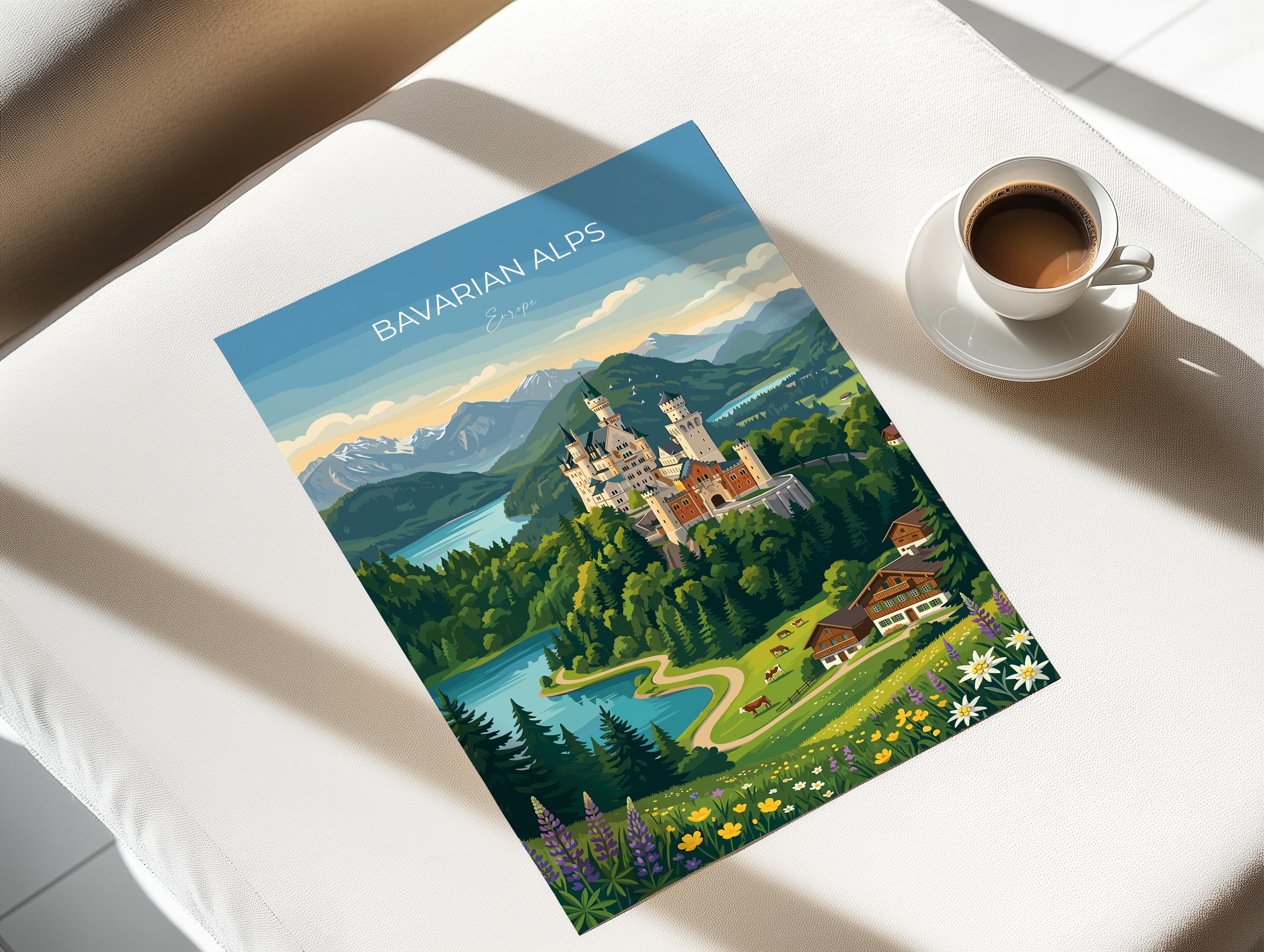 Bavarian Alps Travel Print, Neuschwanstein Castle Wall Art, Bavaria Germany Poster, Alpine Mountain Landscape Illustration, Europe Decor