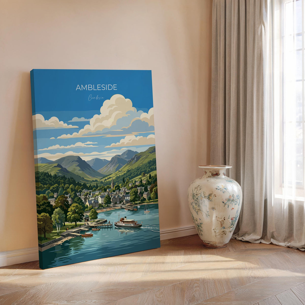 Ambleside Poster, Lake Windermere Wall Art, Cumbria Print, England Travel Poster, Ambleside Gift