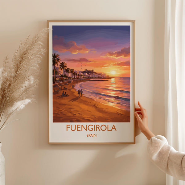 Fuengirola Spain Travel Poster, Costa del Sol Beach Wall Art, Sunset Promenade Print, Spanish Coastal Illustration, Holiday Decor