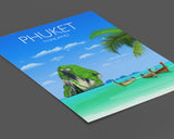 a book with a picture of a beach and a boat
