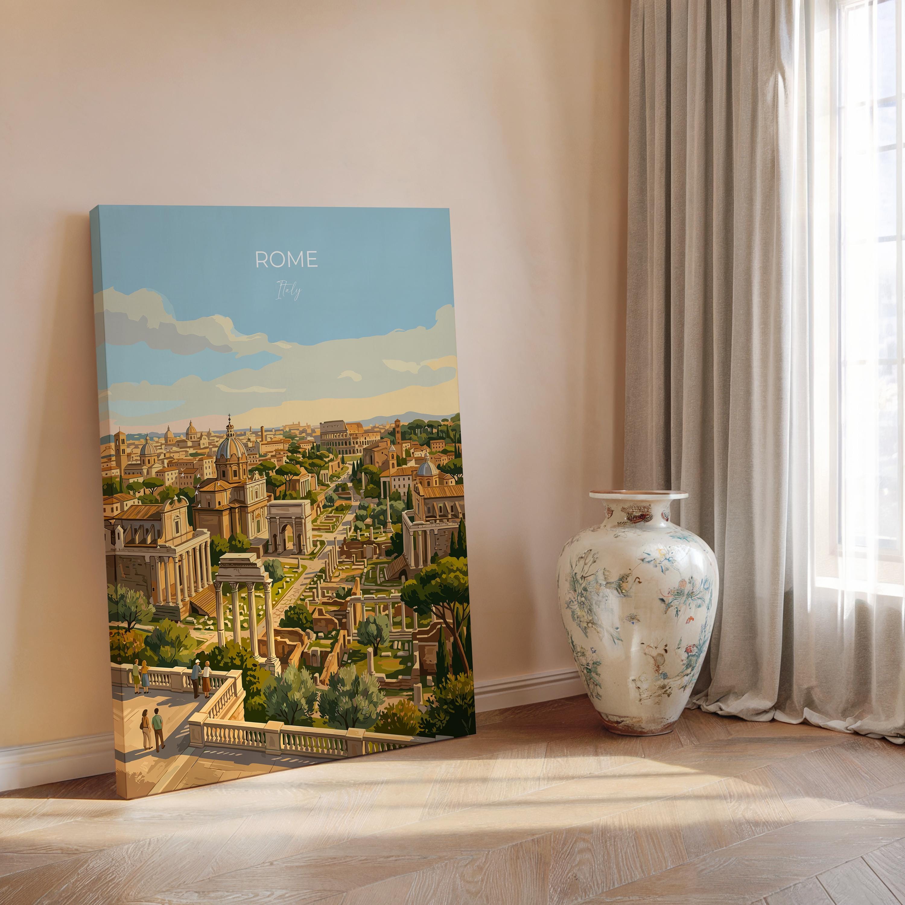Rome Forum Travel Poster, Roman Forum Ruins Wall Art, Ancient Rome Landscape Print, Historic Architecture Illustration, Italy Decor