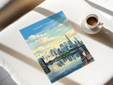 Canary Wharf London Travel Print, Royal Victoria Dock Wall Art, London Skyline Poster, O2 & Cable Car, East London Travel Poster