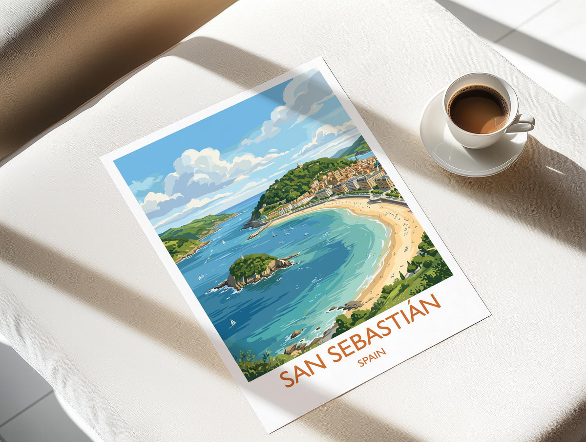 San Sebastian Print, La Concha Wall Art with Border, Basque Coast Poster, Spain Travel Print, San Sebastian Gift Print