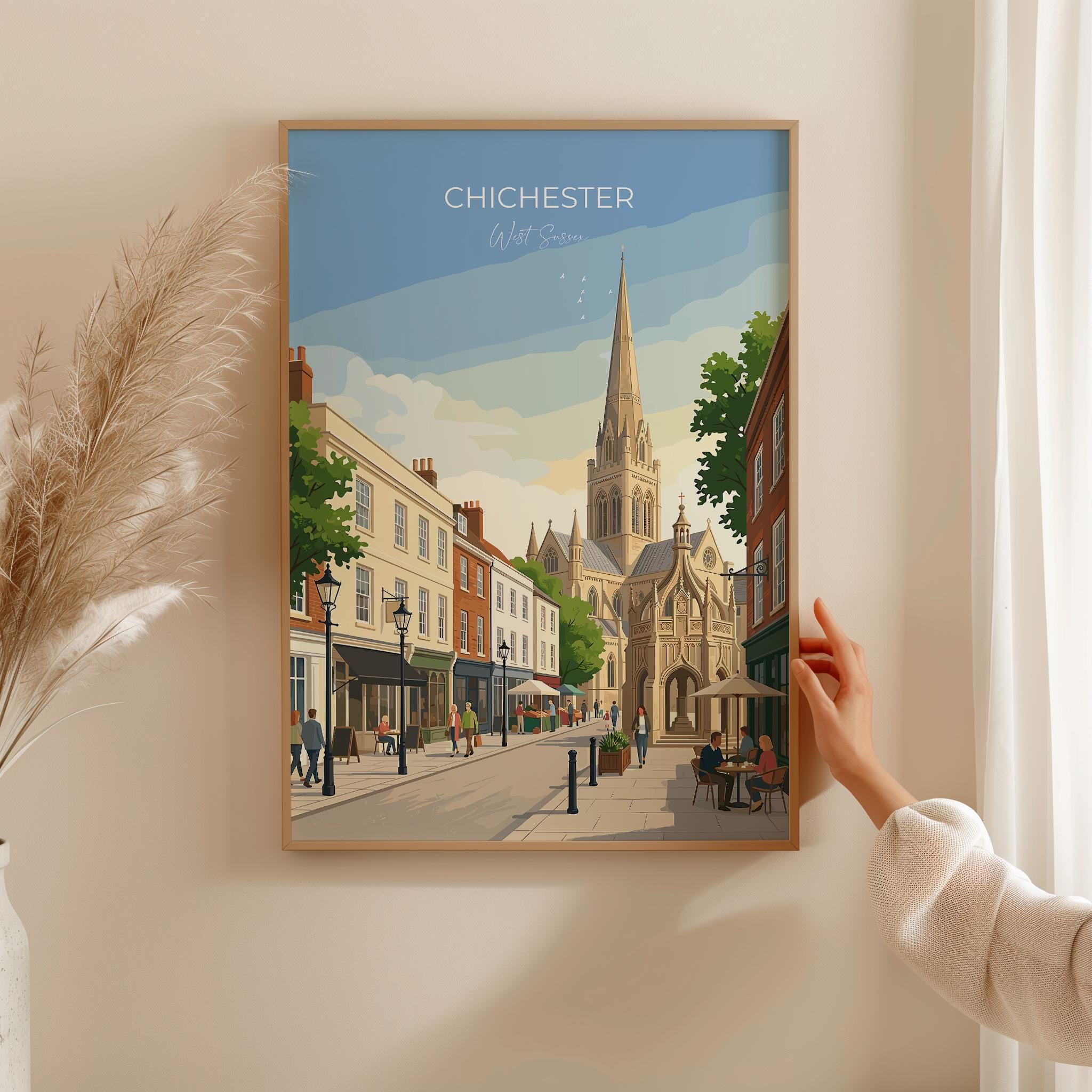 Chichester Cathedral Travel Print, Chichester High Street Clock Tower Wall Art, West Sussex City Poster, Historic England, Vintage Style UK
