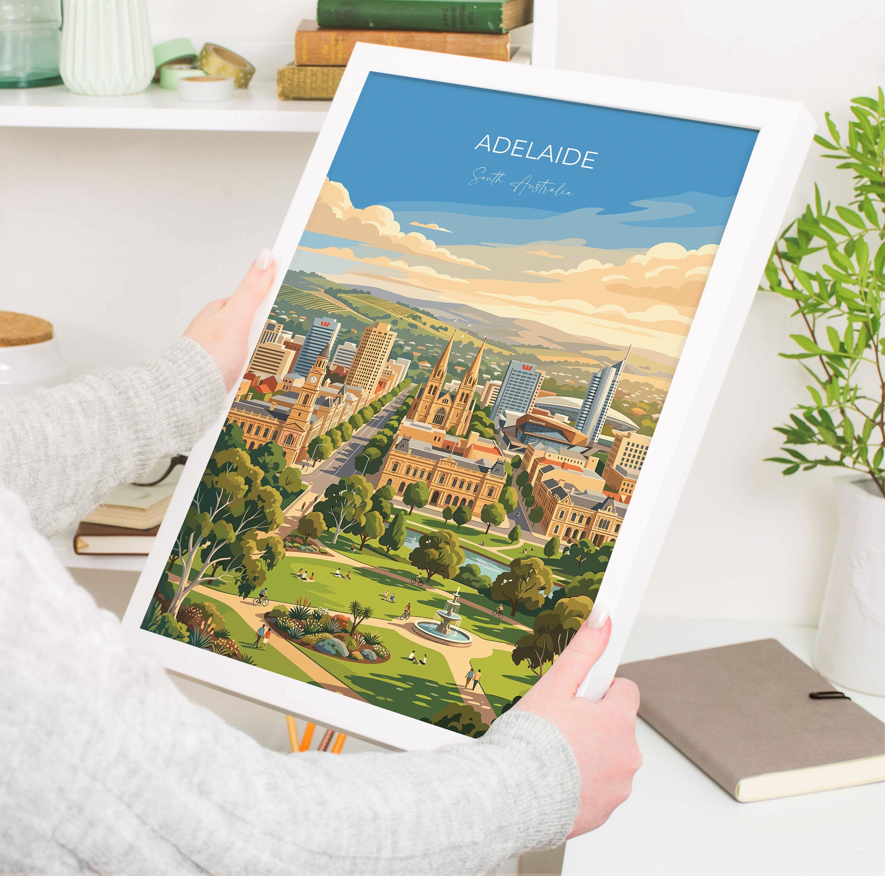 Adelaide Australia Travel Print, Adelaide Skyline Wall Art, River Torrens Poster, South Australia Cityscape Illustration, Australia Decor
