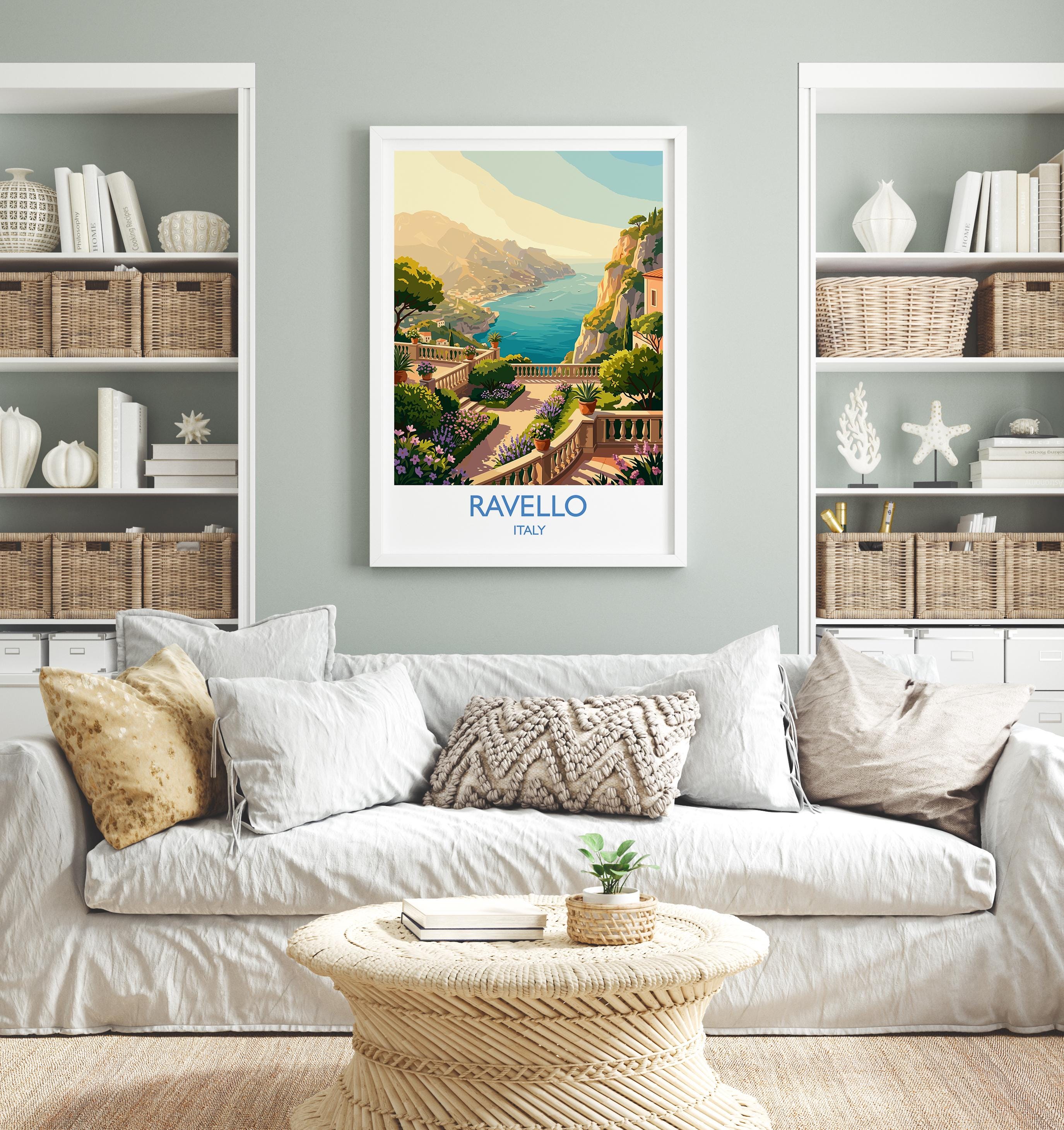 Ravello Italy Travel Poster, Amalfi Coast Wall Art, Mediterranean Cliffside Village Print, Scenic Coastal Illustration, Vintage Style Decor