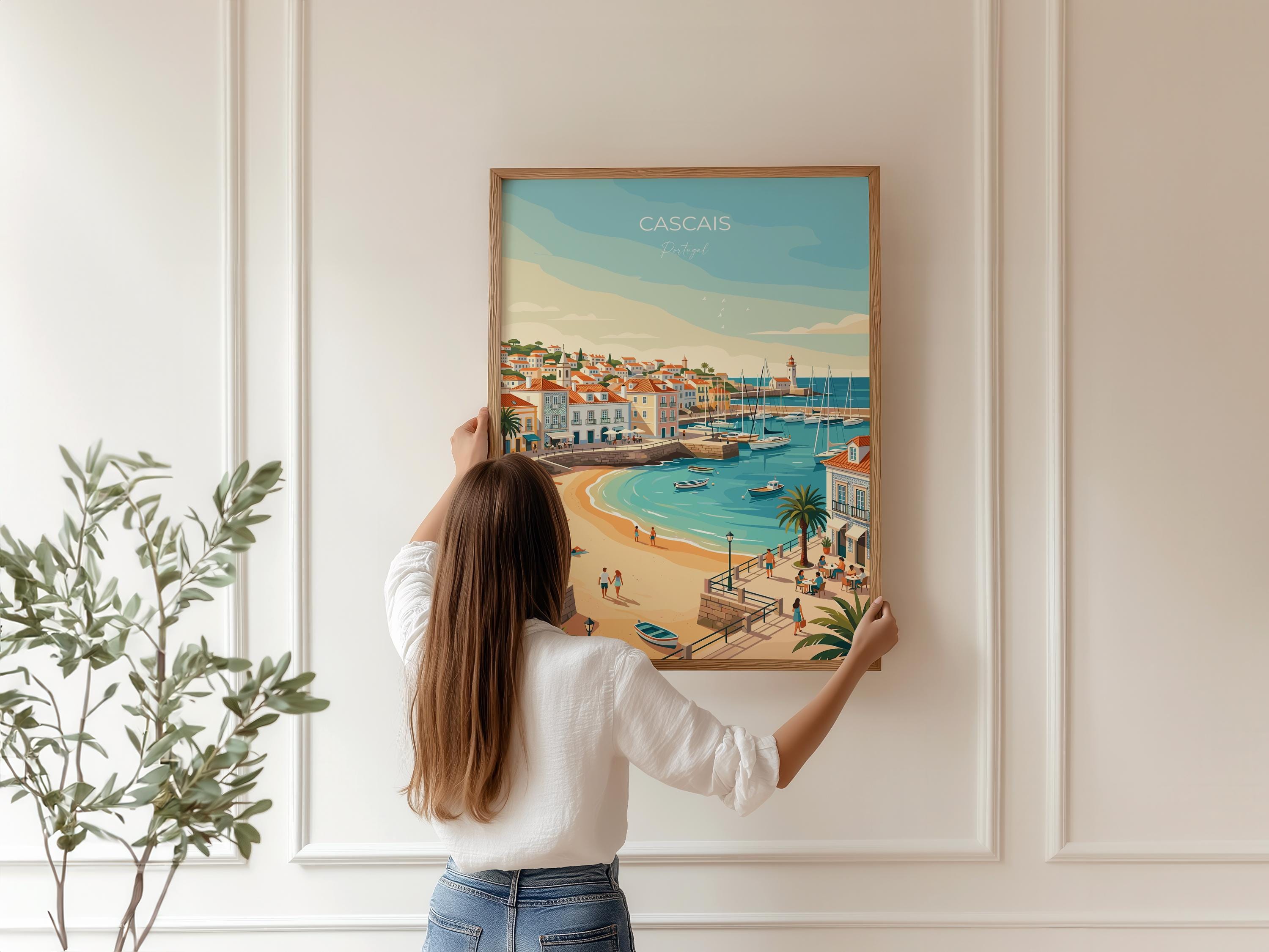 Cascais Portugal Travel Print, Portuguese Coast Wall Art, Seaside Town Poster, Atlantic Ocean Landscape Illustration, Europe Decor