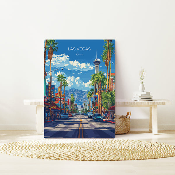 a poster of las vegas on a wall next to a table