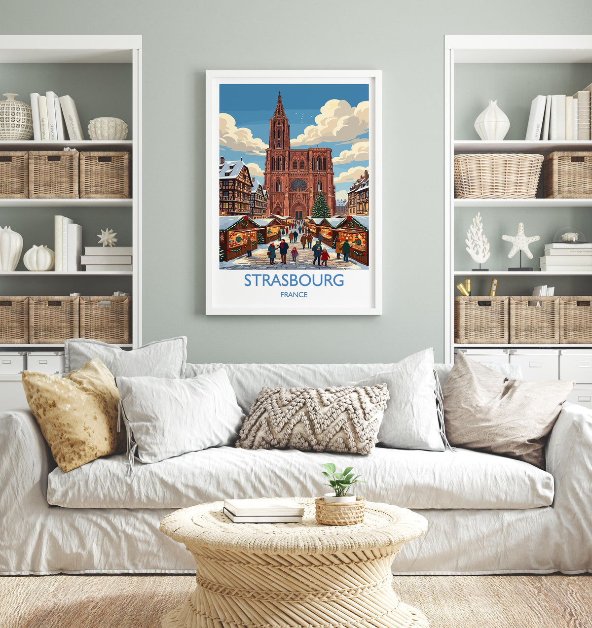 Strasbourg Christmas Market Print, Alsace Winter Wall Art with Border, Petite France Poster, France Festive Travel Print, Strasbourg Gift