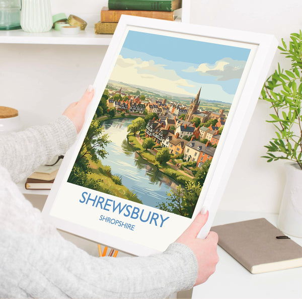 Shrewsbury Travel Poster, River Severn Wall Art, Shrewsbury Town Print, Historic Church Illustration, Shropshire Landscape, UK Decor