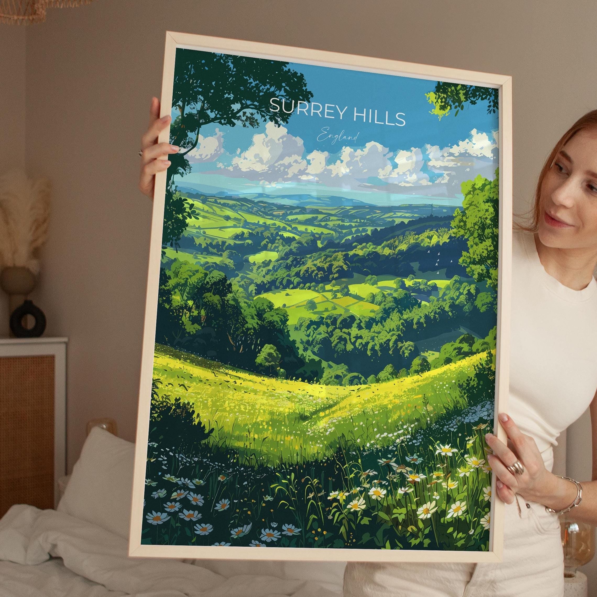 Surrey Hills Travel Print Wall Art, Surrey Hills Travel Poster, English Countryside Art Gift, Wall Art Print NQ Media Designs