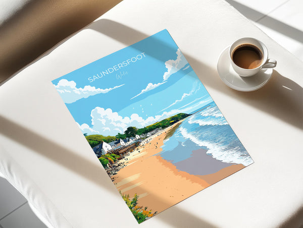 Saundersfoot Travel Poster – Pembrokeshire Coast Art | Welsh Coastal Print Wall Art