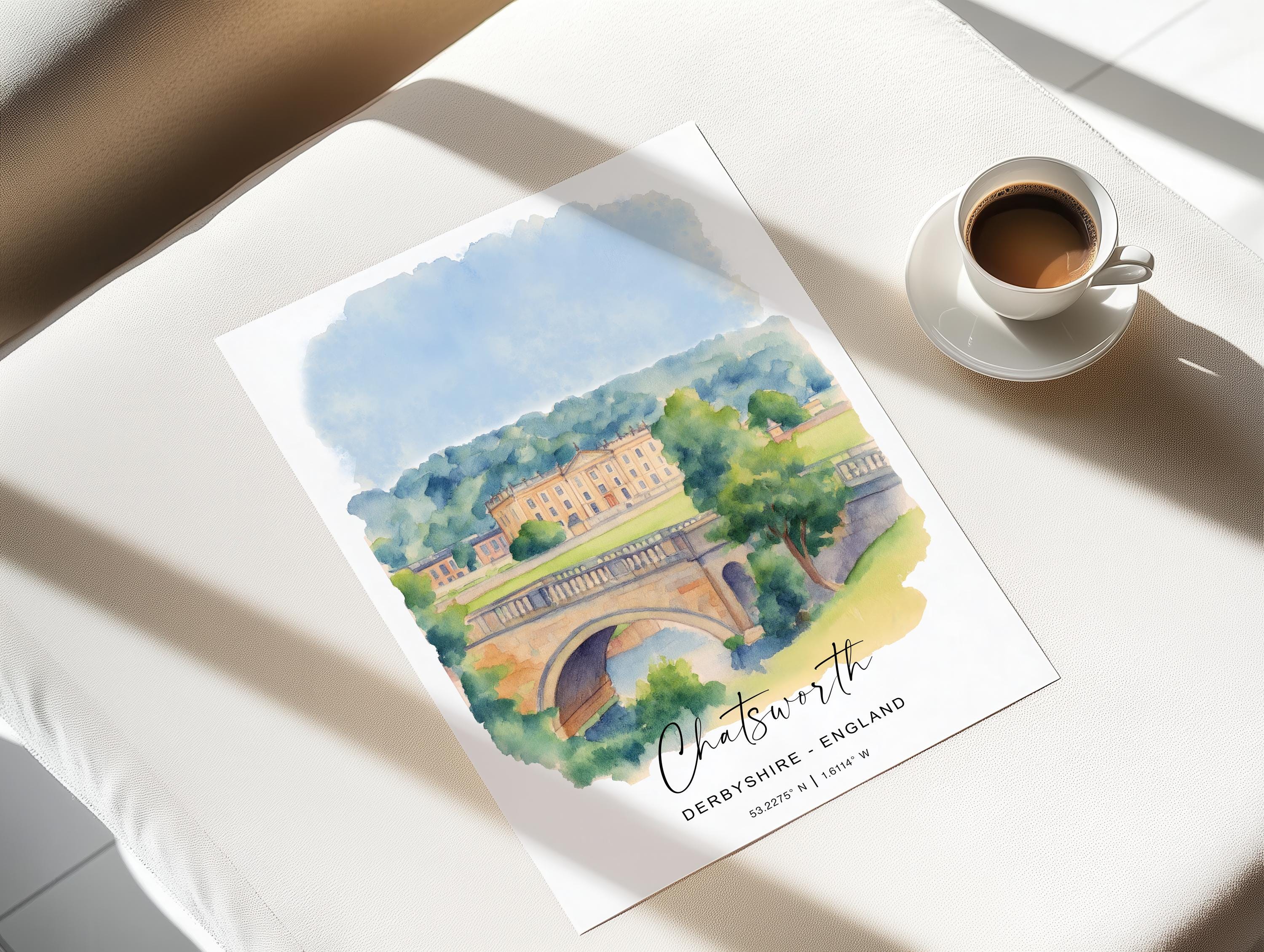 Chatsworth Travel Print Wall Art, Travel Poster of Chatsworth, England, Peak District Art Lovers Watercolour Gift, English Countryside NQ Media Designs
