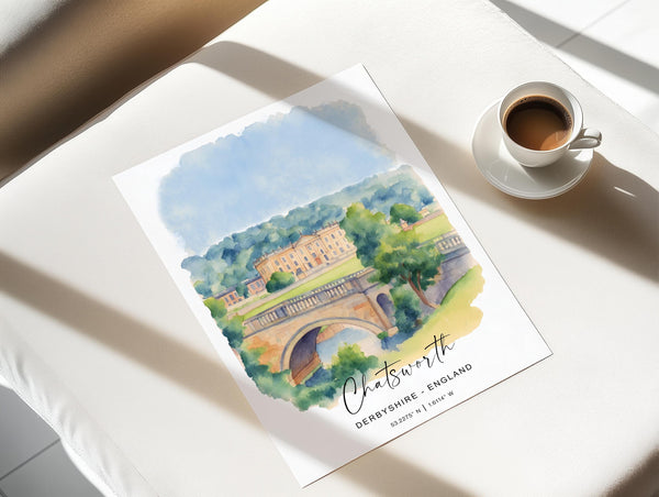 Chatsworth Travel Print Wall Art, Travel Poster of Chatsworth, England, Peak District Art Lovers Watercolour Gift, English Countryside