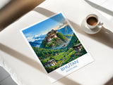 Bhutan South Asia Travel Poster, Himalayan Mountains Wall Art, Tiger's Nest Monastery Print, Bhutan Landscape, Vintage Travel Poster