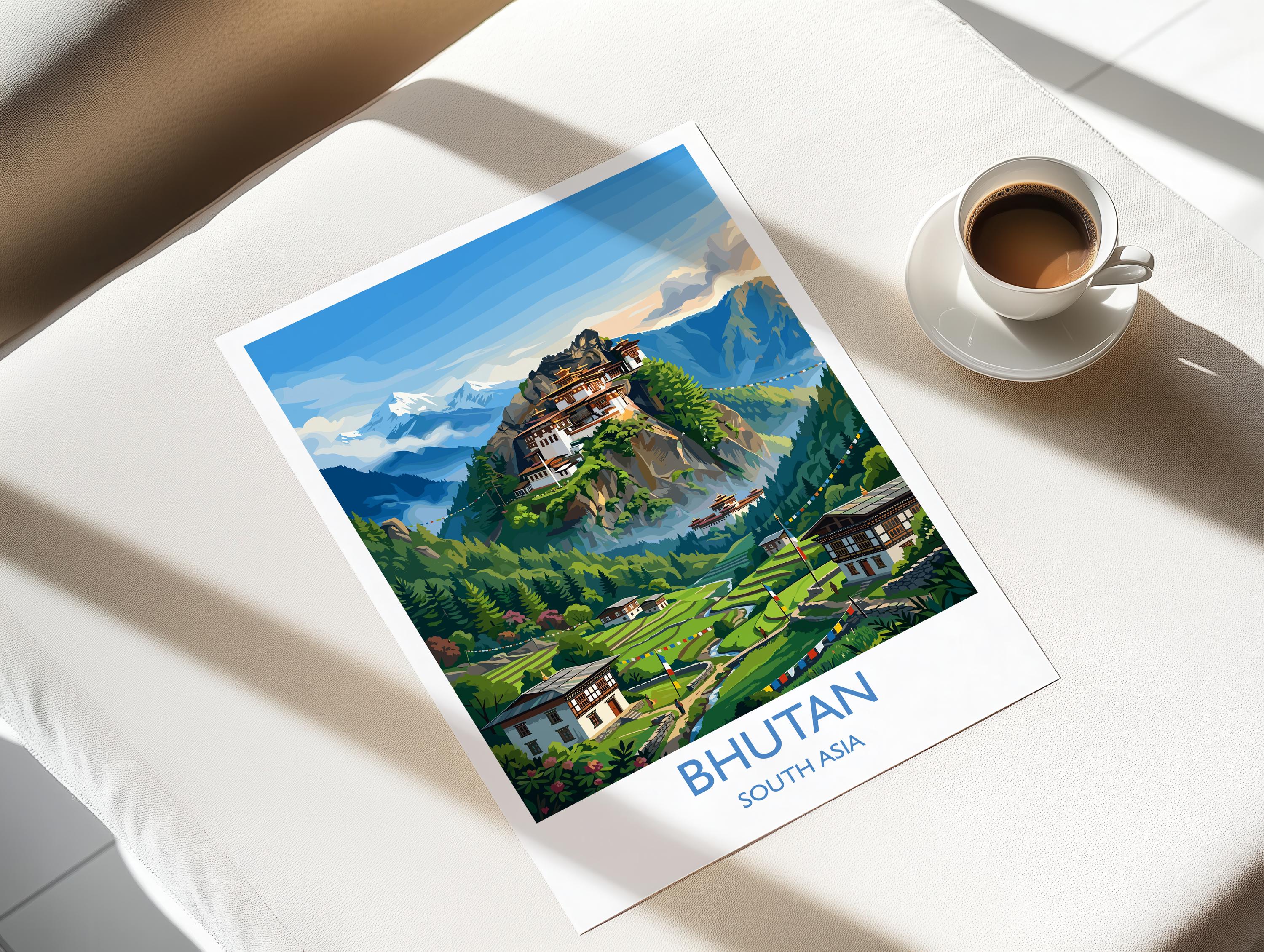 Bhutan South Asia Travel Poster, Himalayan Mountains Wall Art, Tiger's Nest Monastery Print, Bhutan Landscape, Vintage Travel Poster