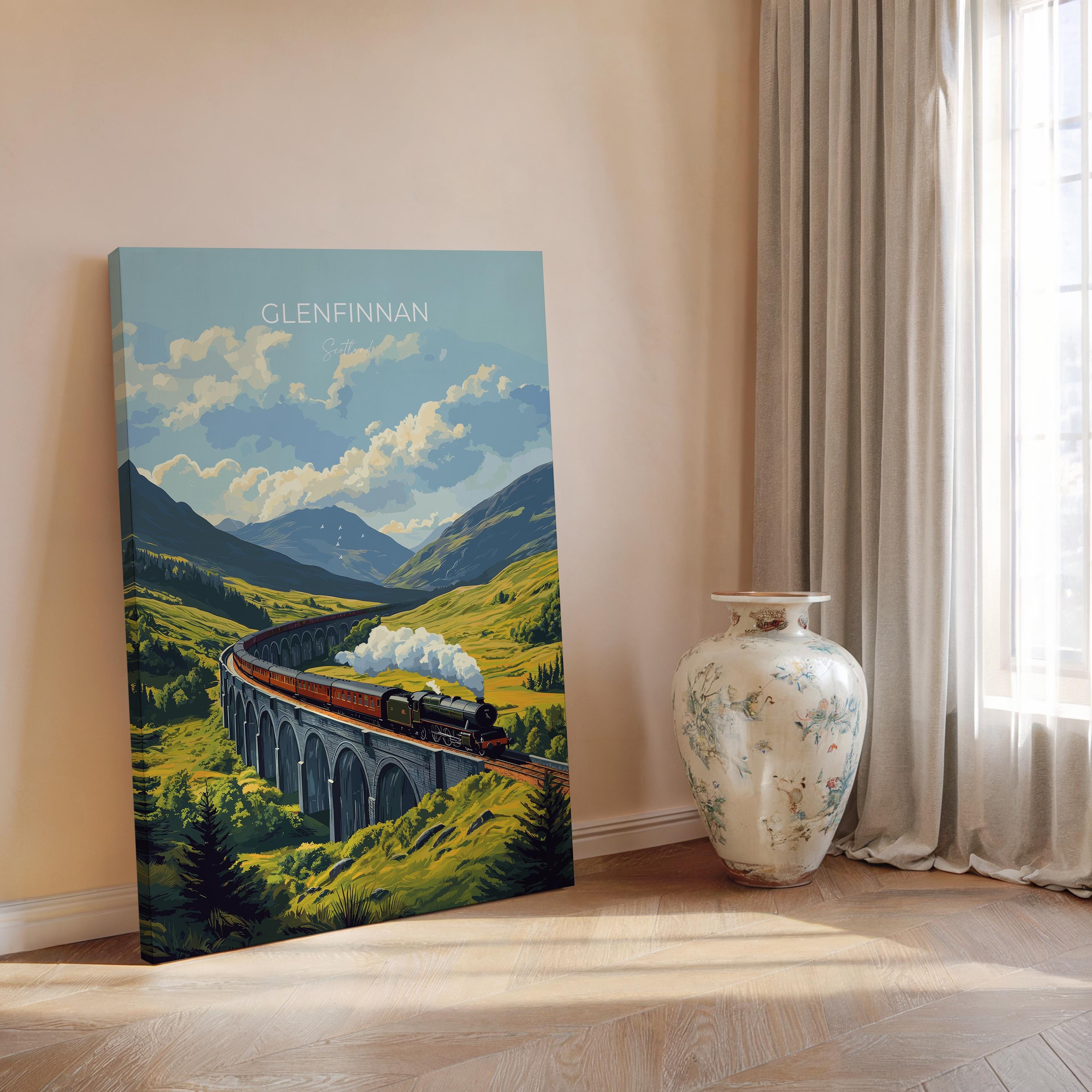 Glenfinnan Viaduct Travel Poster Wall Art, Scottish Highlands Art, Railway Bridge Print, Scotland Landscape, Steam Train Decor Artwork NQ Media Designs
