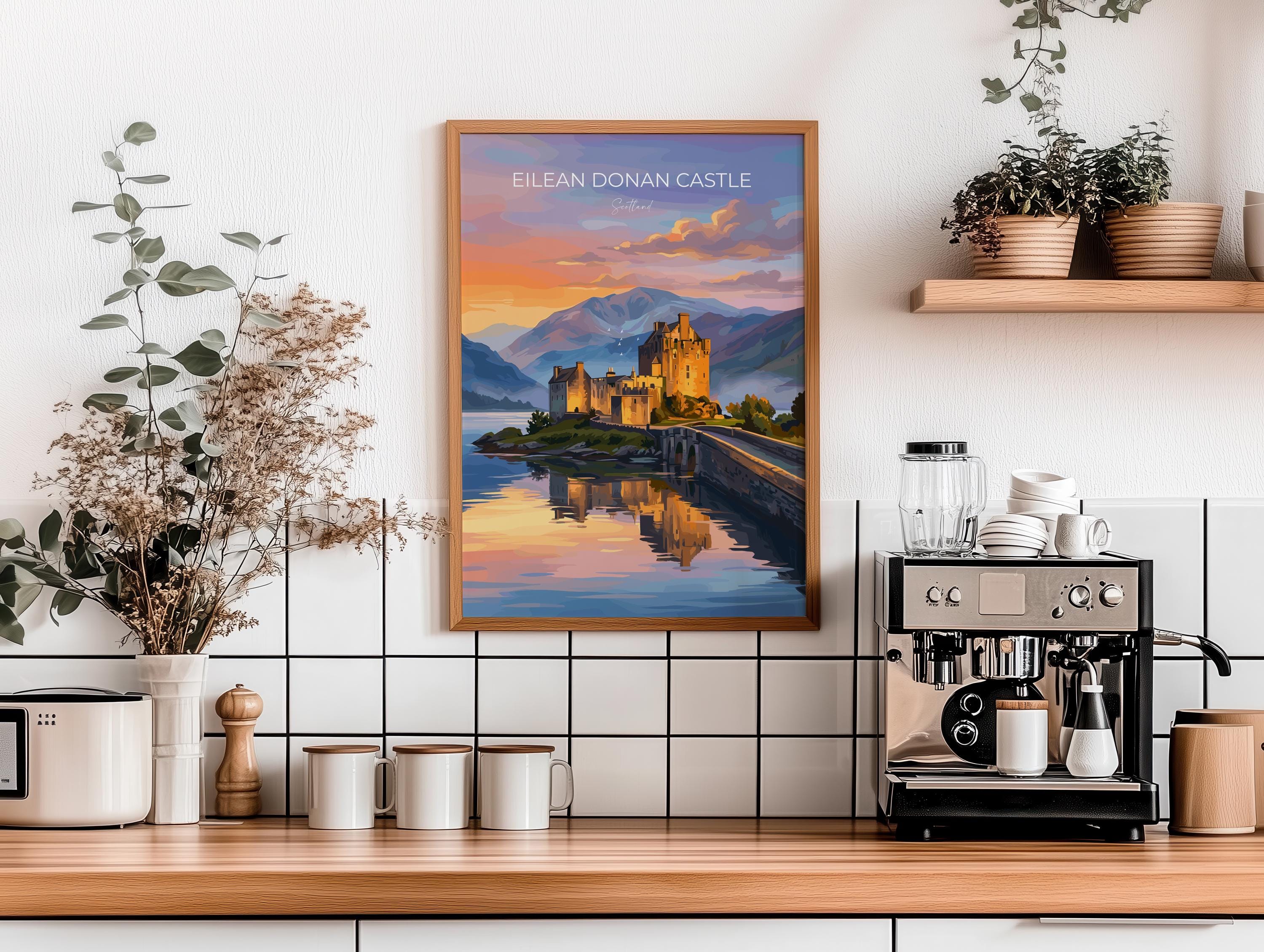 Eilean Donan Castle Scotland Travel Print, Scottish Highlands Castle Wall Art, Sunset Landscape Poster, Iconic Scotland Illustration