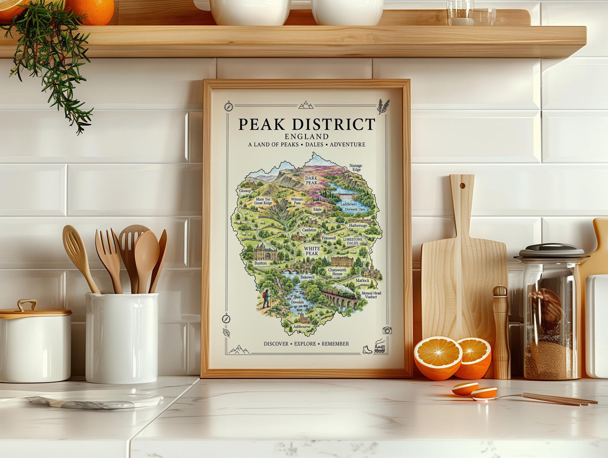 Peak District Illustrated Map Print, England Wall Art, Derbyshire Map Poster, Framed or Canvas Print, Peak District Gift