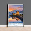 Eilean Donan Castle Scotland Travel Poster, Scottish Highlands Castle Sunset Wall Art, Landscape Print, Iconic Scotland Illustration,