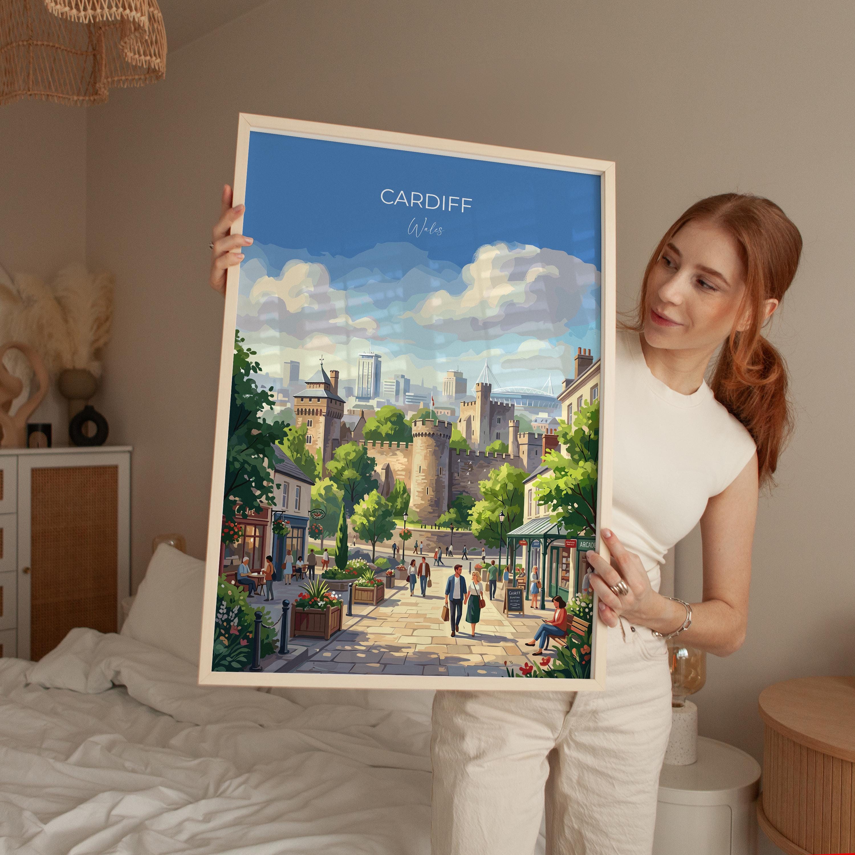 Cardiff Wales Travel Print, Cardiff City Wall Art, Cardiff Castle Poster, Welsh Capital Illustration, Vintage Style UK City, Wales Gift NQ Media Designs