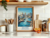 Salford Quays Travel Poster, Salford Manchester Wall Art, MediaCityUK Waterfront Print, Modern Skyline Illustration, Vintage Style UK Decor