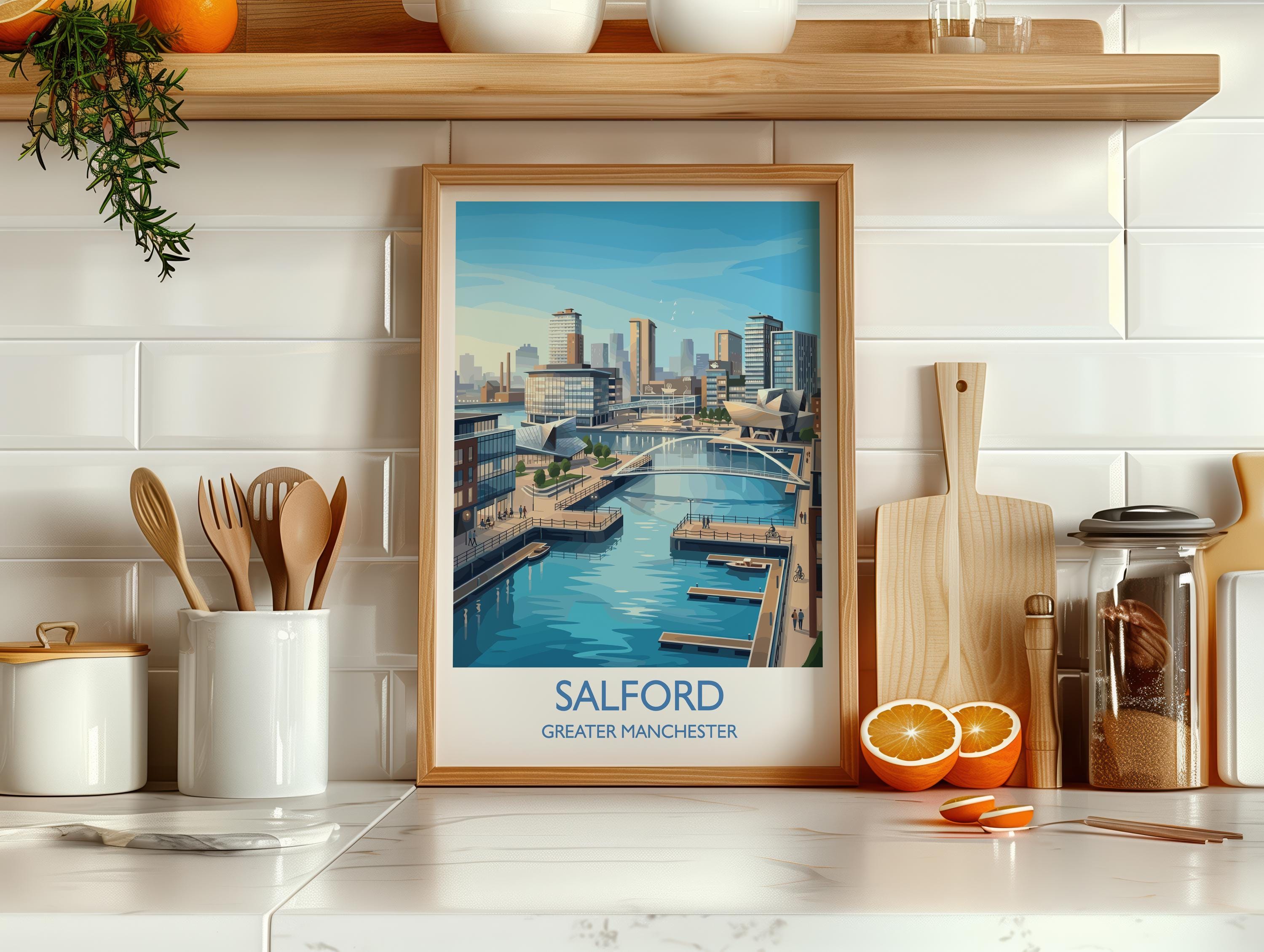 Salford Quays Travel Poster, Salford Manchester Wall Art, MediaCityUK Waterfront Print, Modern Skyline Illustration, Vintage Style UK Decor