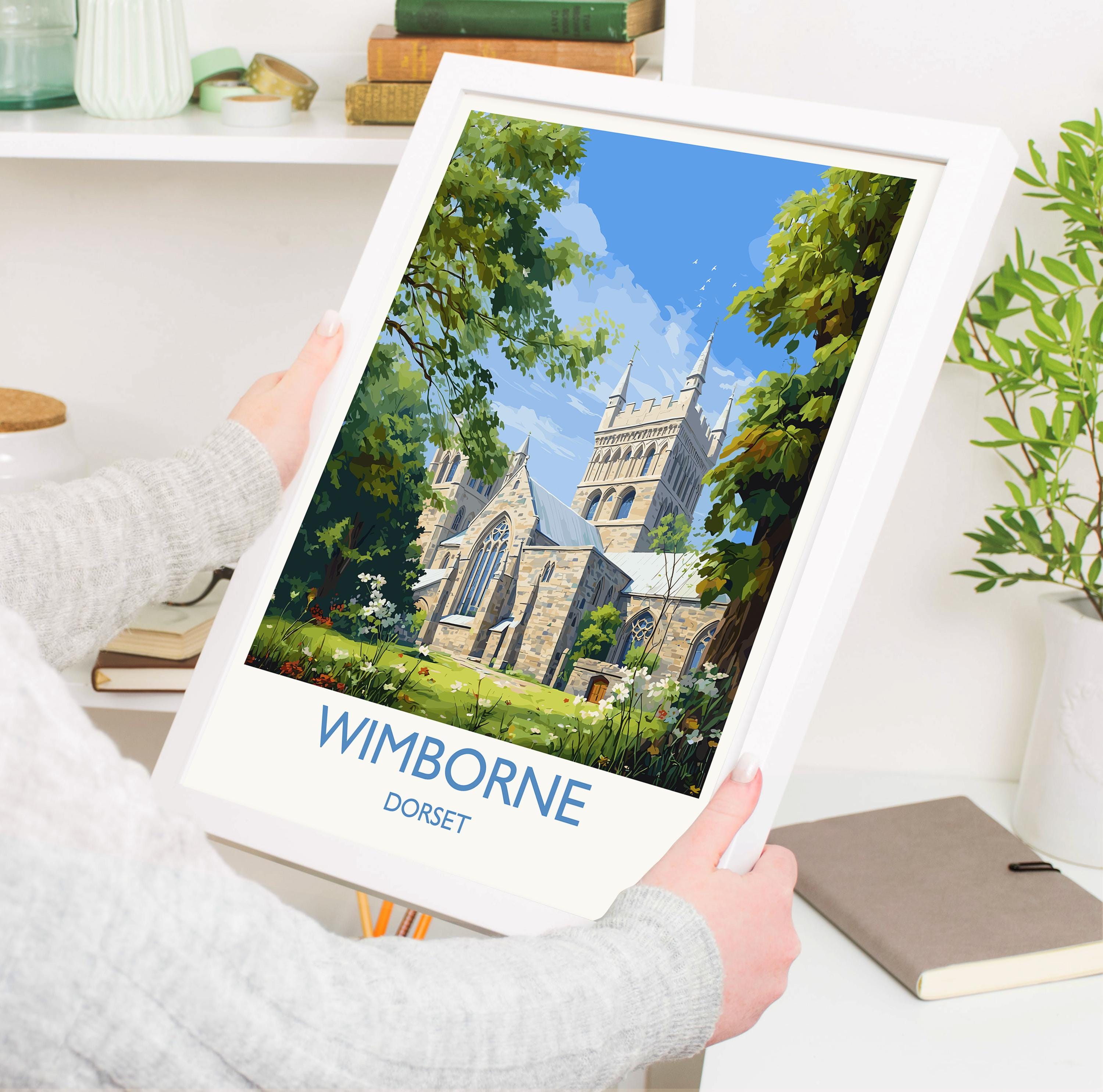 Wimborne Travel Print, Travel Poster of Wimborne, England, Wimborne Minster, Dorset Coast Art, Dorset Gift, Wall Art Print NQ Media Designs