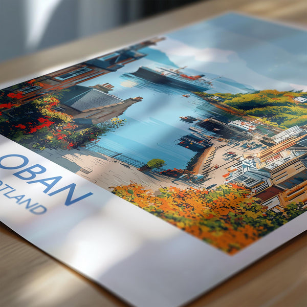 Oban Wall Art Print – Scenic Scotland Travel Poster, Harbour & Coastal Illustration, Gift for Travel Lovers