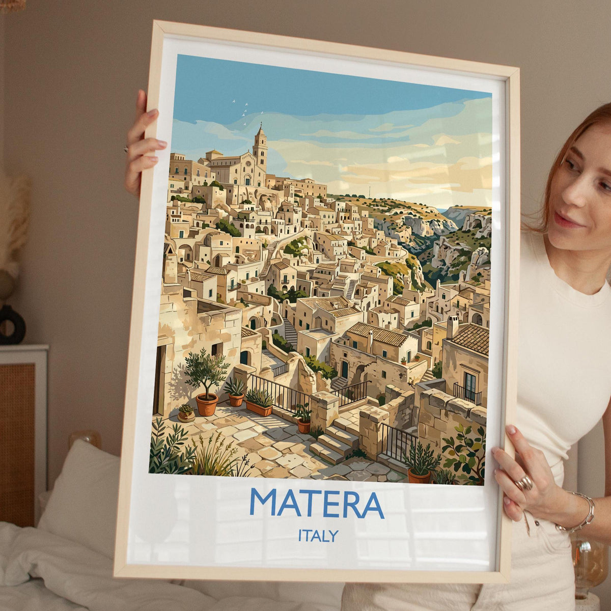 Matera Italy Print, Sassi di Matera Wall Art with Border, Basilicata Poster, Italian Cave City Print, Matera Gift Print
