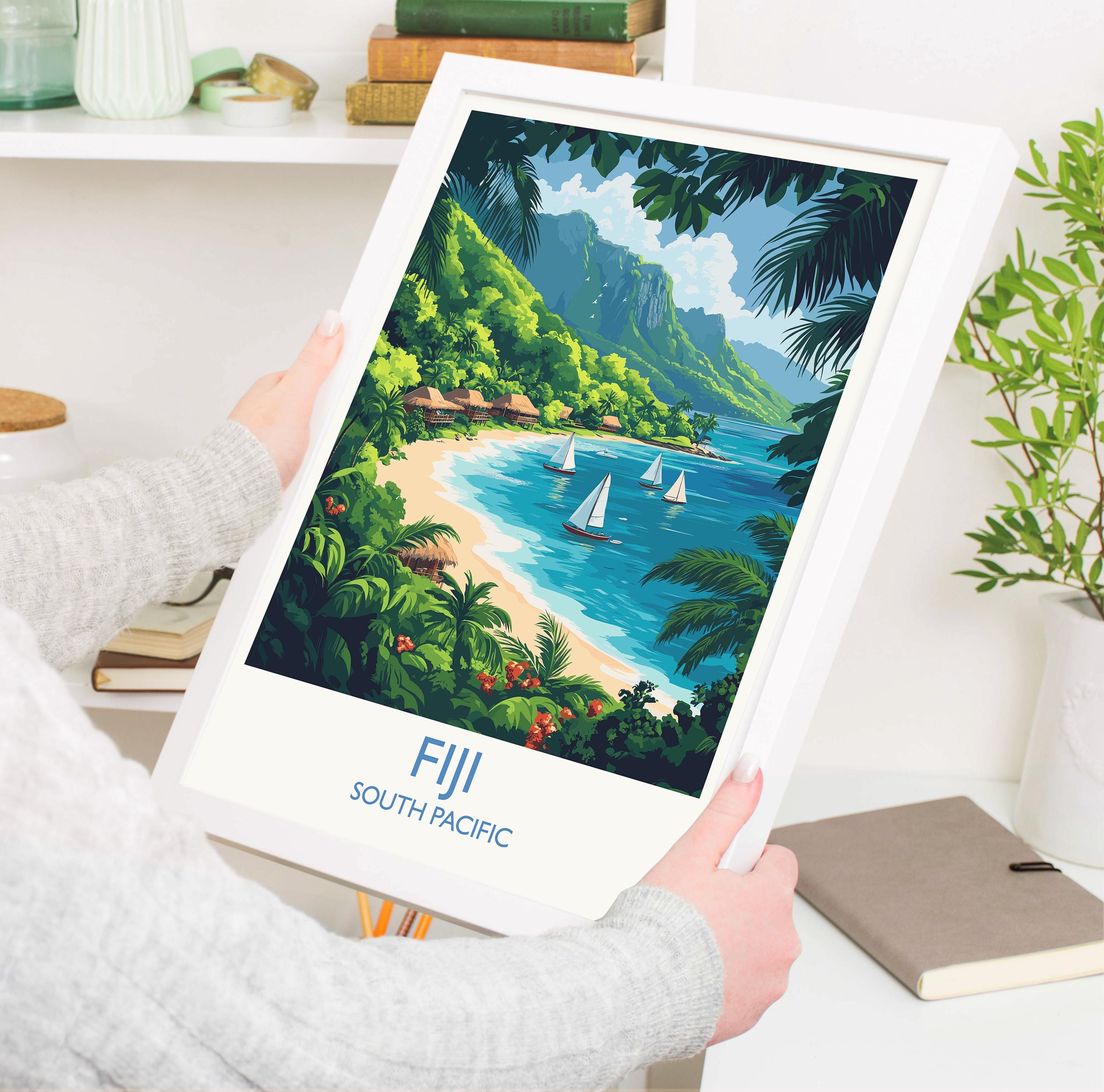 Fiji Travel Poster Wall Art, Travel Print of Fiji, South Pacific Islands Art Lovers Gift NQ Media Designs