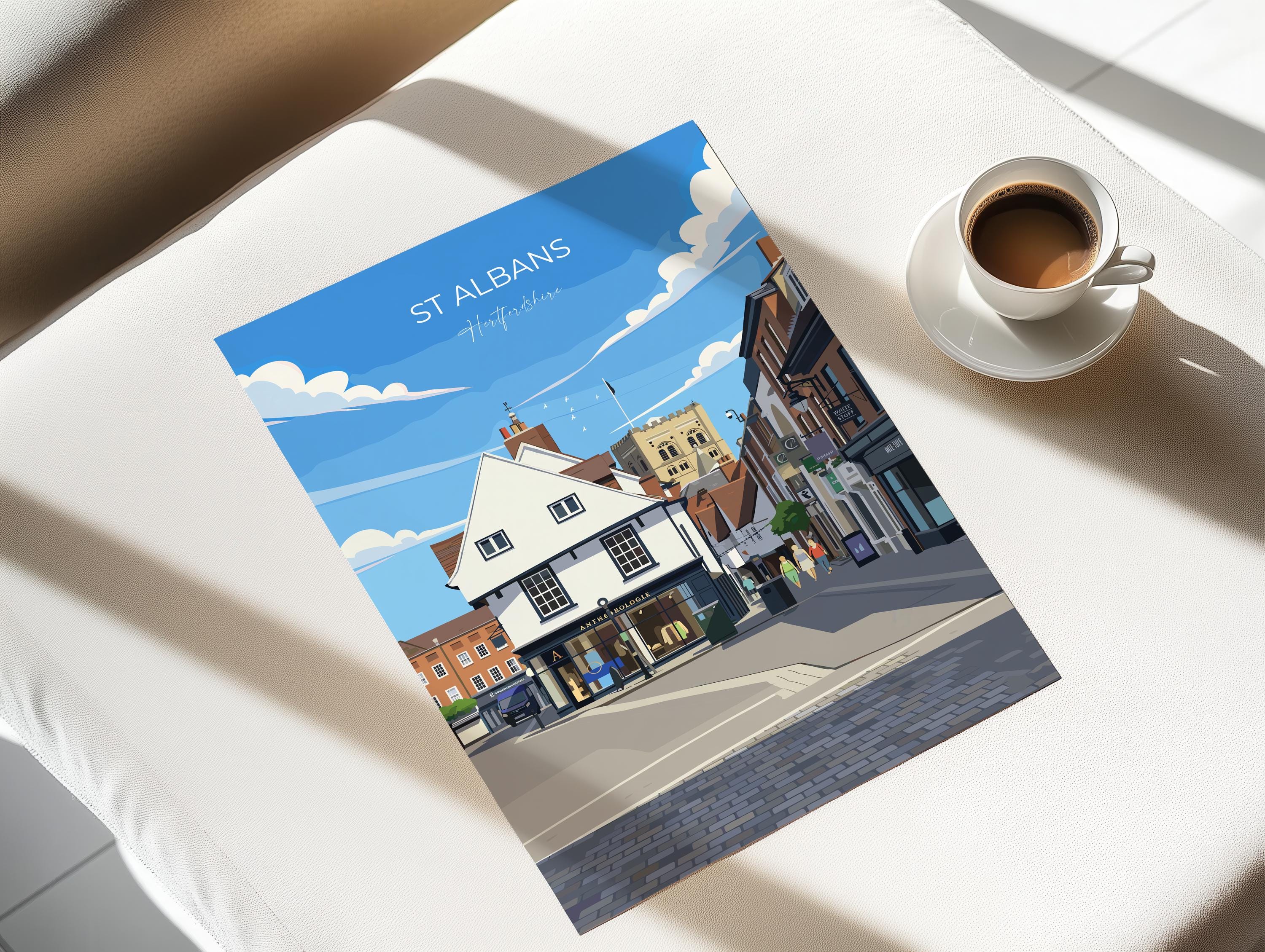 St Albans Travel Print Wall Art, Travel Poster of St Albans, Hertfordshire, England, English Cathedral City Gift NQ Media Designs