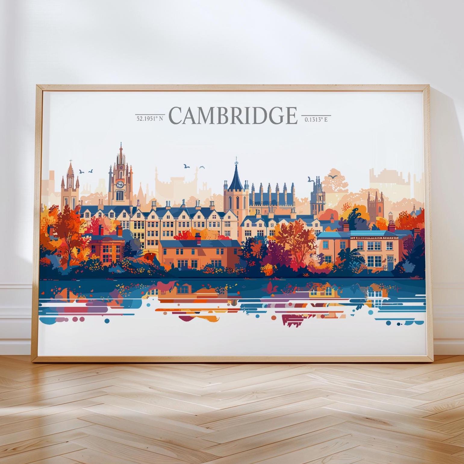 Cambridge Travel Print Skyline Wall Art Landscape, Travel Poster of Cambridge, Cambridge Art Lovers Gift, England Horizontal Art Gift NQ Media Designs