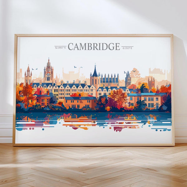 Cambridge Travel Print Skyline Wall Art Landscape, Travel Poster of Cambridge, Cambridge Art Lovers Gift, England Horizontal Art Gift