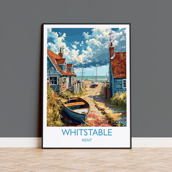 A framed painting depicting a coastal village scene with colorful houses, boats, and a cloudy sky.