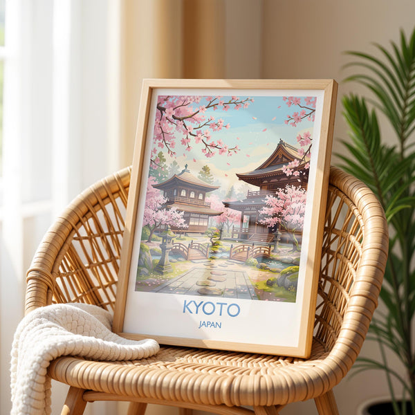Kyoto Japan Travel Poster, Cherry Blossom Temple Wall Art, Japanese Landscape Print, Sakura Illustration, Asia Decor, Kyoto Gift