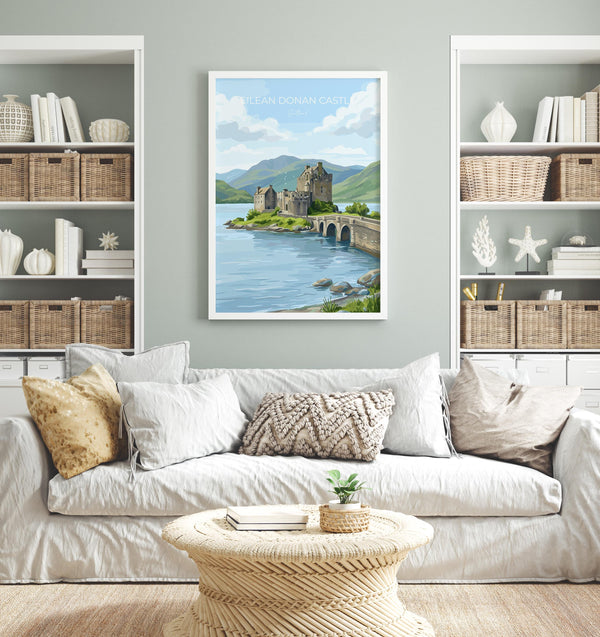 Eilean Donan Castle Scotland Travel Print, Scottish Highlands Castle Wall Art, Landscape Poster, Iconic Scotland Illustration, UK Decor