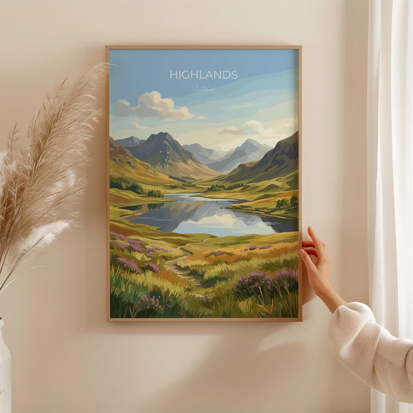 Scottish Highlands Travel Poster, Scotland Landscape Wall Art, Mountain & Loch Print, Dramatic Nature Illustration, UK Decor, Scotland Gift