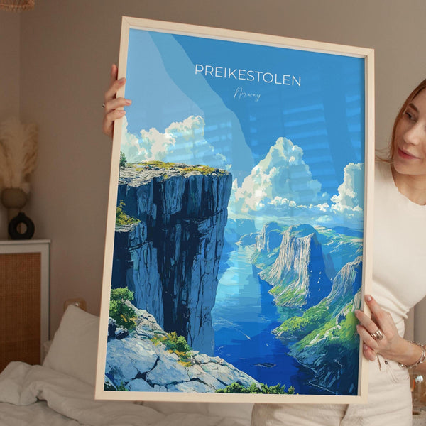 Preikestolen Travel Poster, Travel Print of Fjords, Norway Poster, Preikestolen Art Gift, Norway Art Lovers Travel Gift
