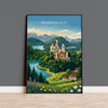Bavarian Alps Travel Print, Neuschwanstein Castle Wall Art, Bavaria Germany Poster, Alpine Mountain Landscape Illustration, Europe Decor