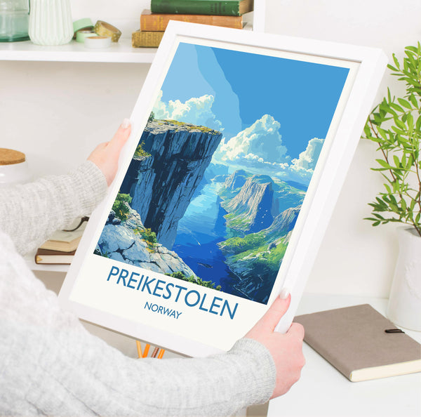 Preikestolen Travel Print, Travel Poster of Fjords, Norway Poster, Preikestolen Art Gift, Norway Art Lovers Travel Gift