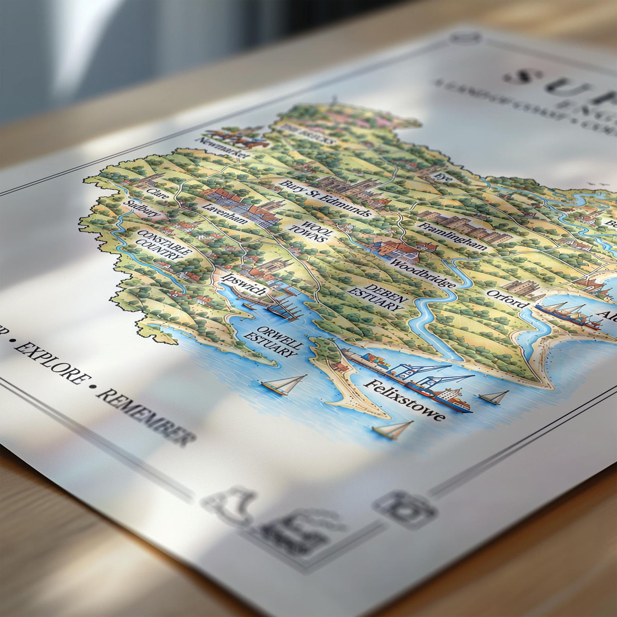 Suffolk Illustrated Map Print, England Wall Art, Suffolk Coast Map Poster, Framed or Canvas Print, Suffolk Gift