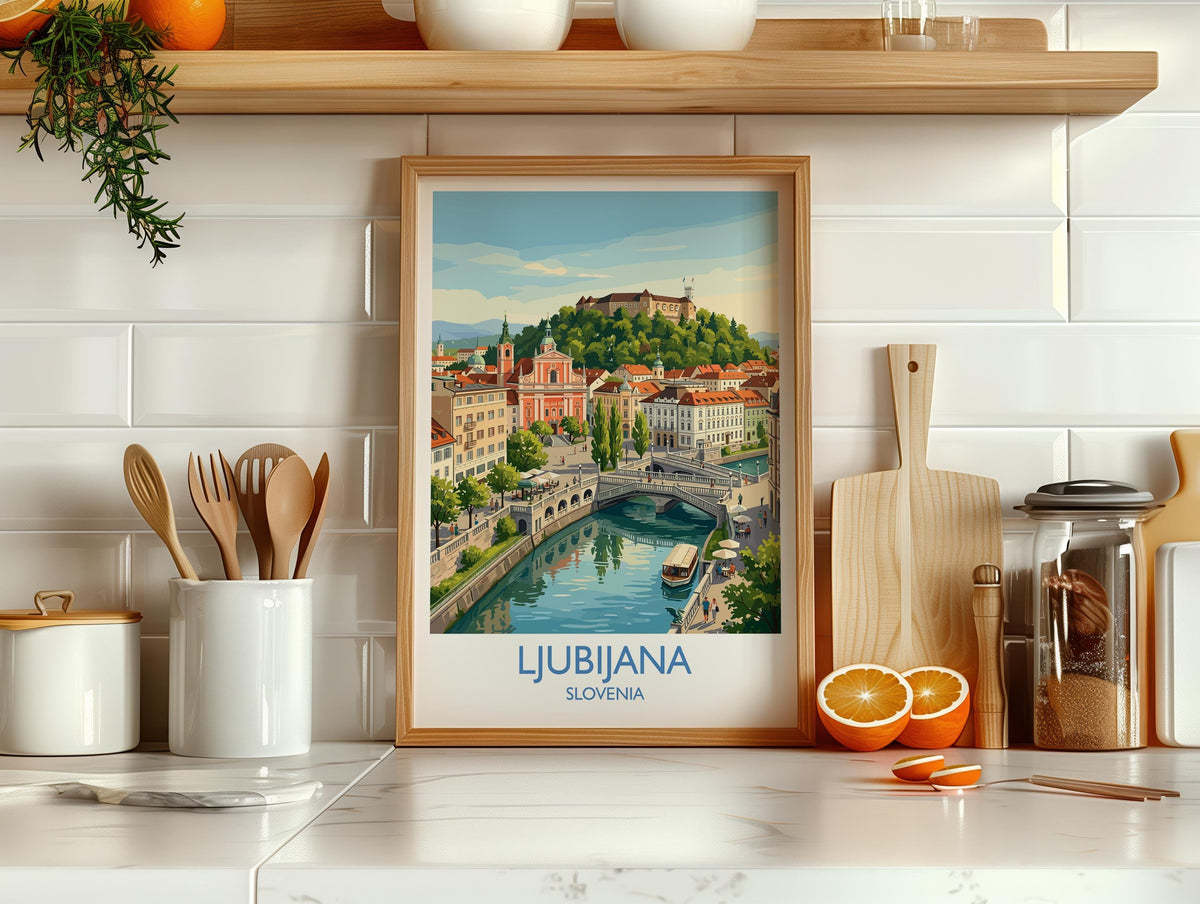 Ljubljana Slovenia Print, Dragon Bridge Wall Art with Border, Ljubljana Castle Poster, Slovenia Travel Print, Ljubljana Gift Print