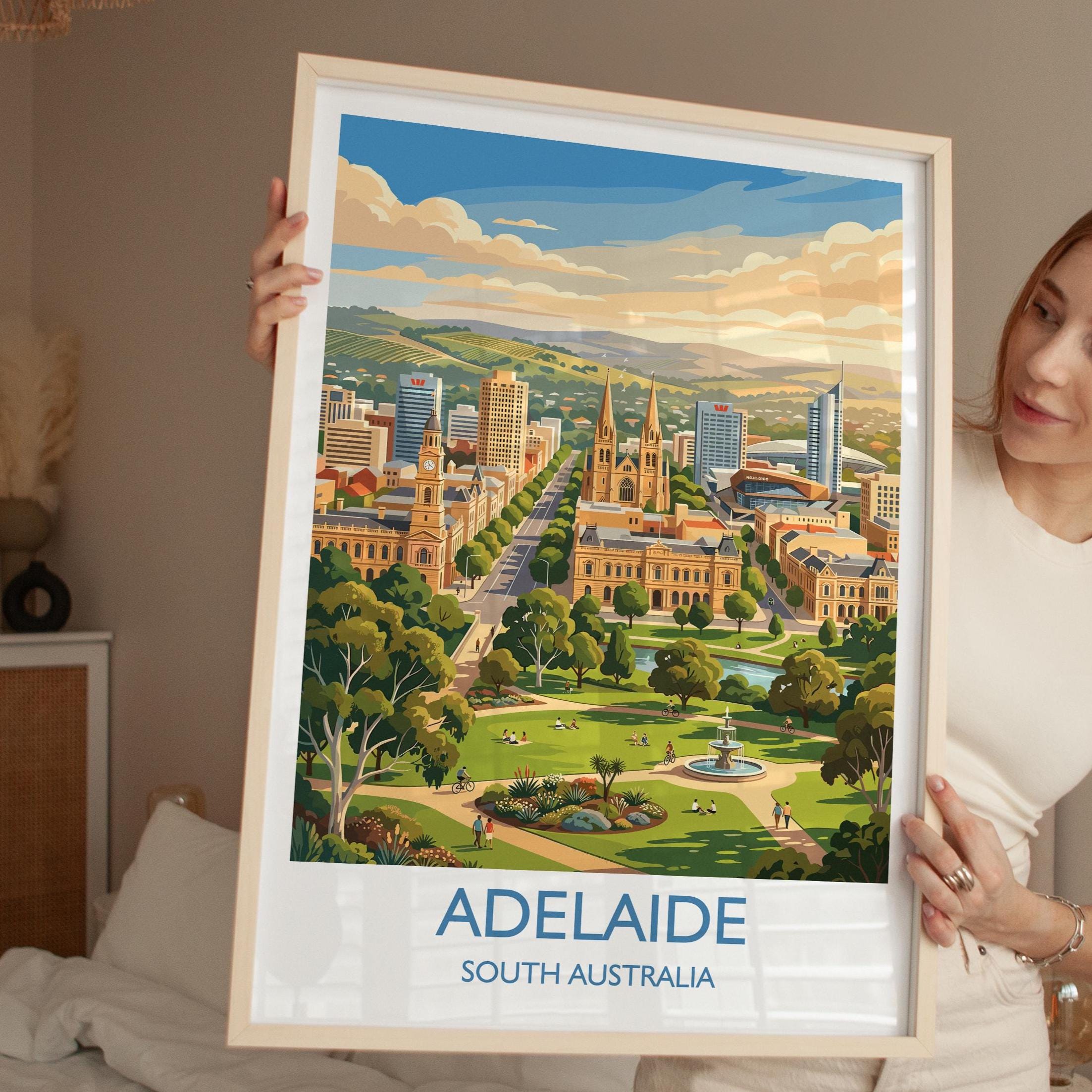 Adelaide Australia Travel Poster, Adelaide Skyline Wall Art, River Torrens Print, South Australia Cityscape Illustration, Australia Decor
