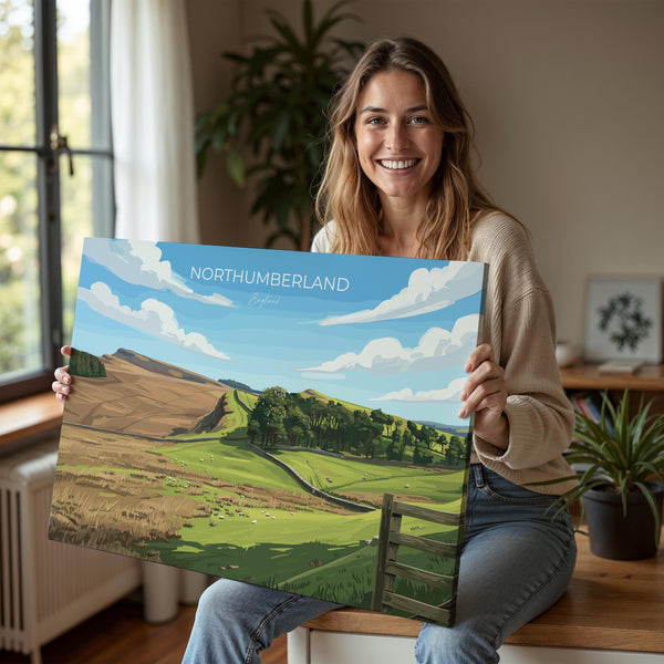 Northumberland Travel Poster Landscape, Travel Print of Northumberland Countryside, Hadrians Wall, England, Housesteads Fort Art,