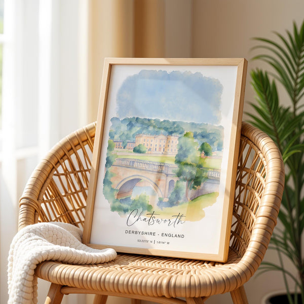 Chatsworth Travel Print Wall Art, Travel Poster of Chatsworth, England, Peak District Art Lovers Watercolour Gift, English Countryside