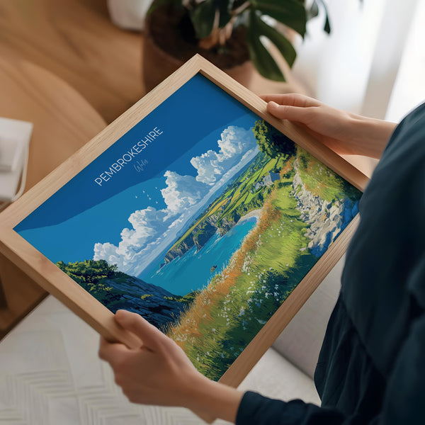 Pembrokeshire Landscape Travel Print, Travel Poster of Pembrokeshire, Wales, Pembrokeshire Art Lovers Gift, Wales Gift Art, Wall Art Print