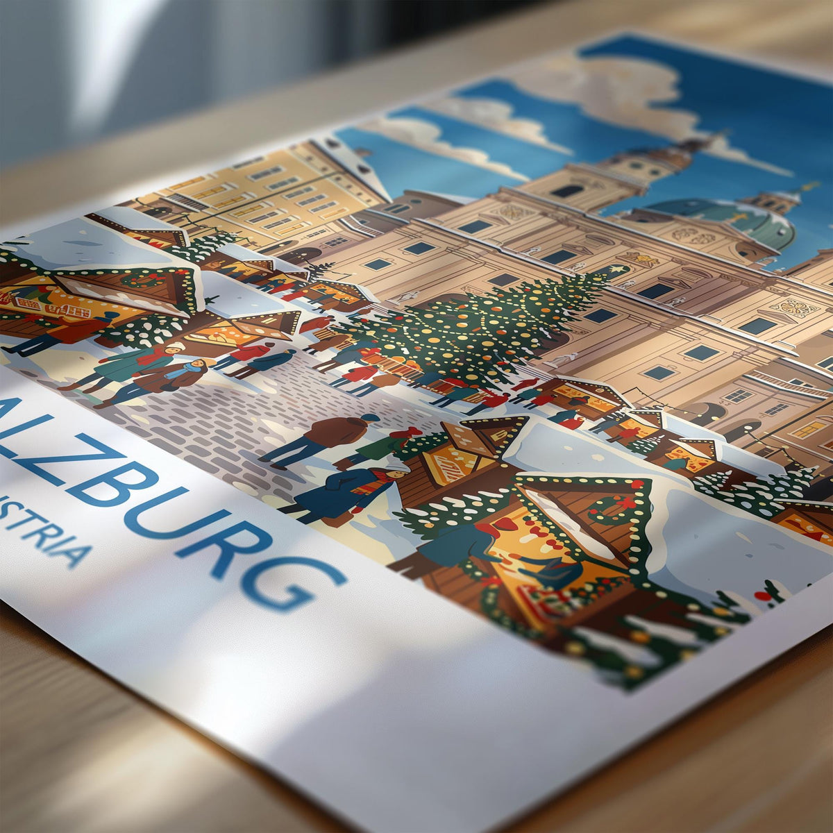 Salzburg Christmas Market Print, Austria Winter Wall Art with Border, Salzburg Cathedral Poster, Austrian Travel Print, Salzburg Gift
