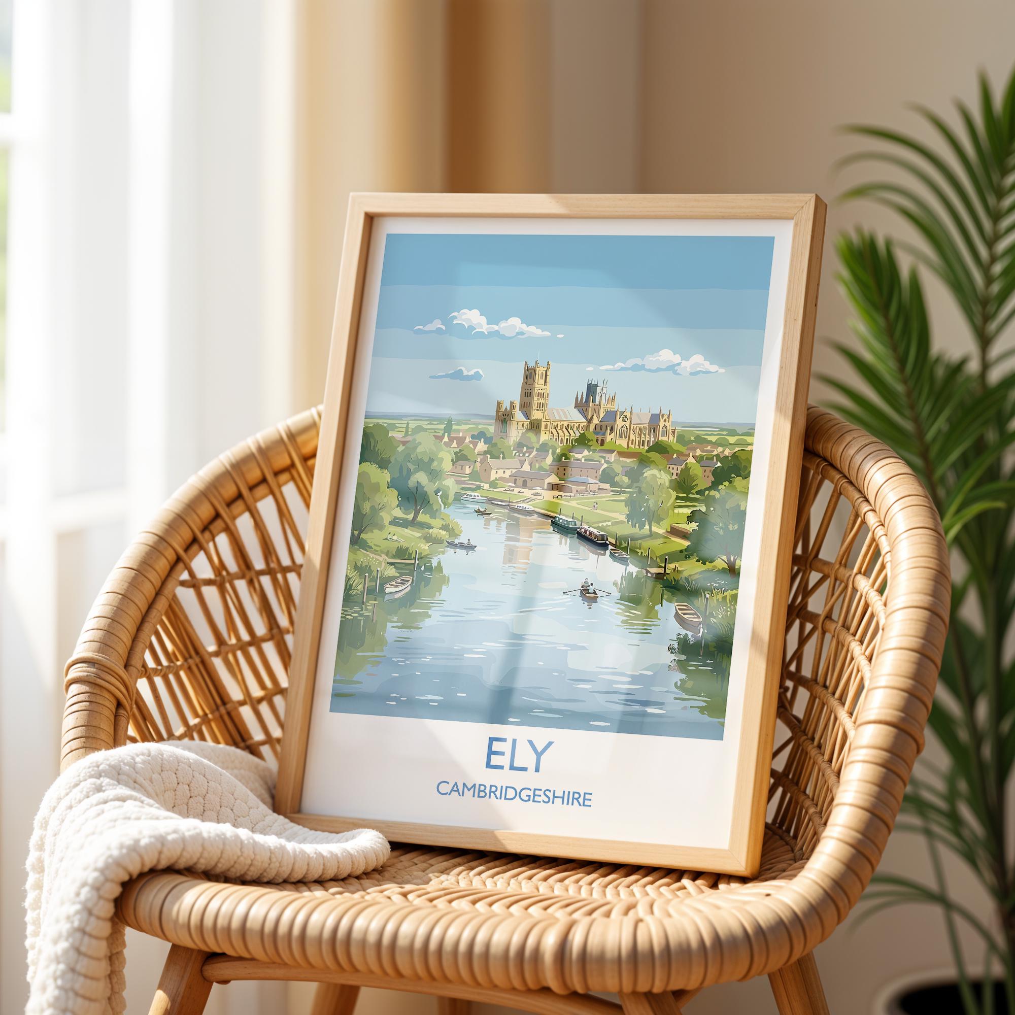 Ely Cathedral Travel Poster, Ely Cambridgeshire Wall Art, Historic England City Print, Gothic Cathedral Illustration, UK Decor, Ely Gift